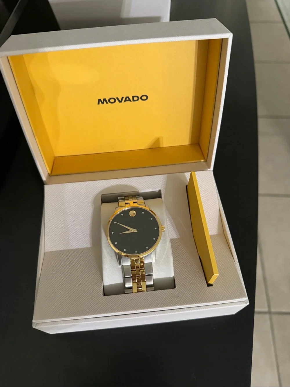 Movado White and Black Branded Watch Box and Thank You Card